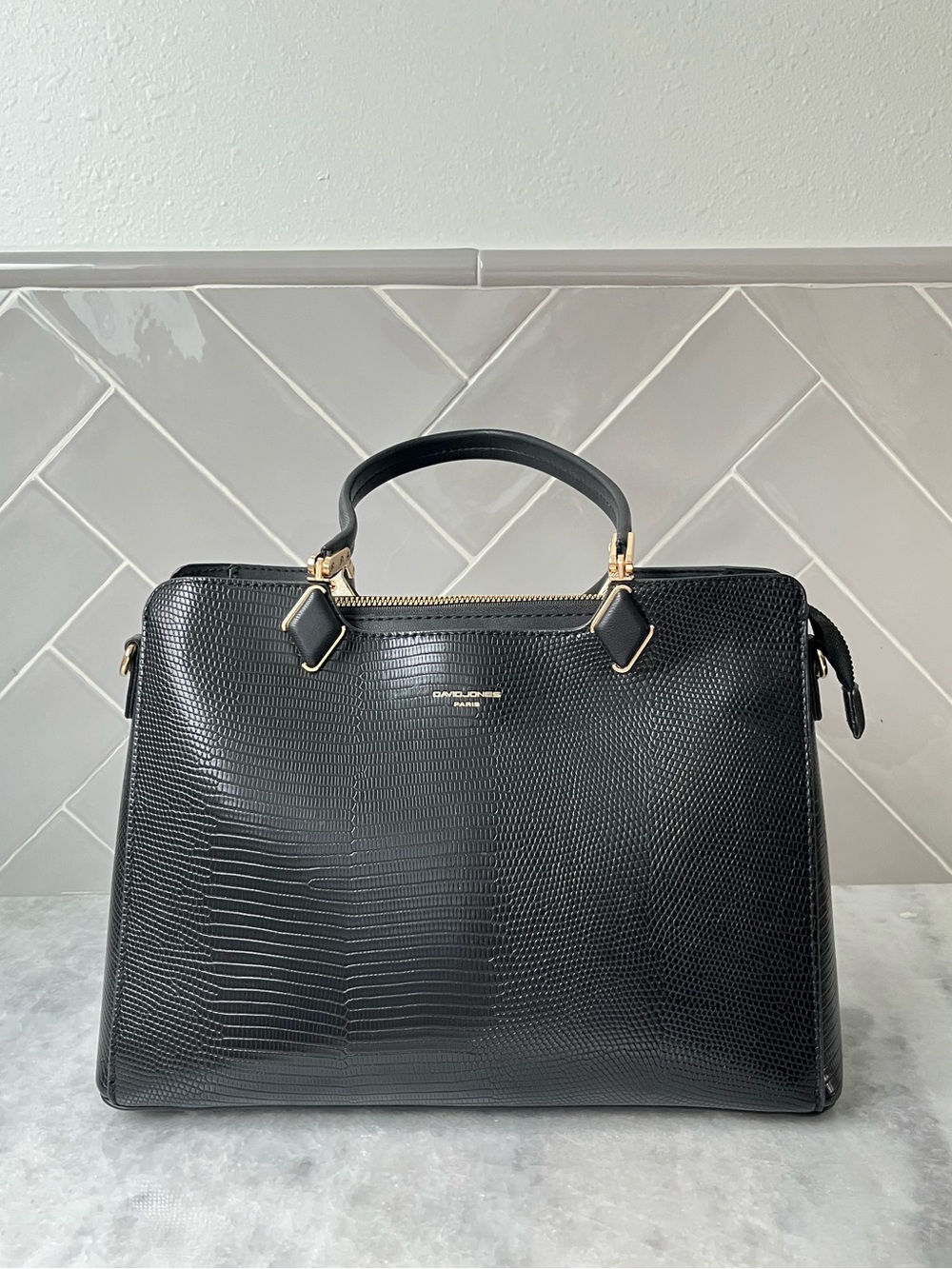 Elegant Black Lizard-Embossed Top-Handle Satchel